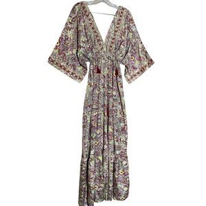 Boho Paisley Print Maxi Dress Kimono Sleeve Tassel V Neck Beach Cover Up